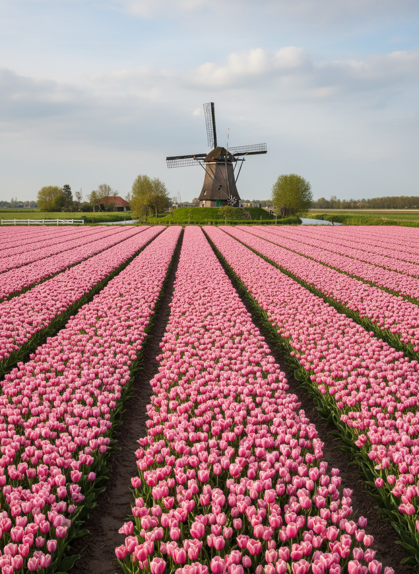 Pink tulip field with a traditional windmill in the background