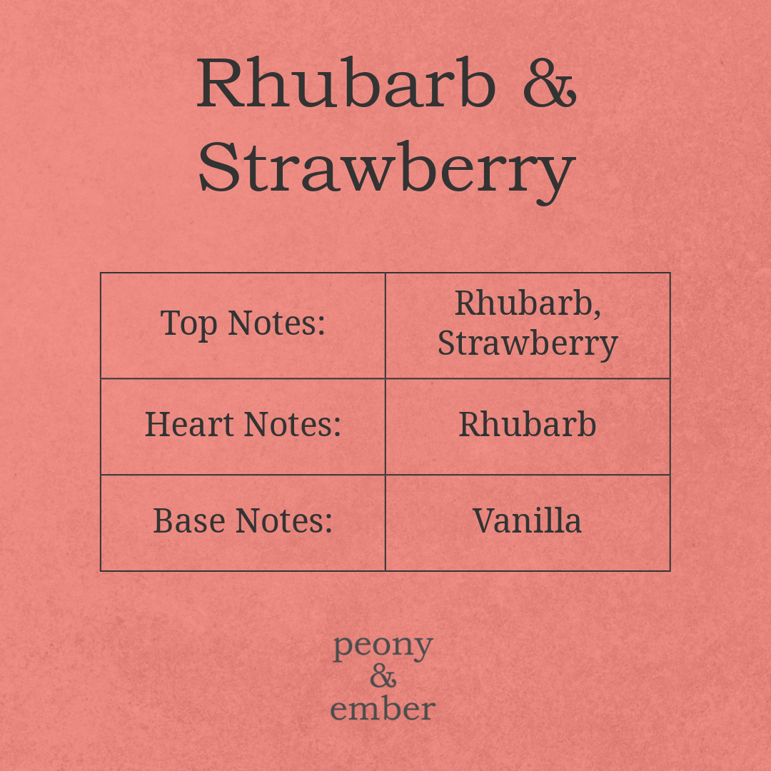 Note on rhubarb and strawberry fragrance with notes on a pink background