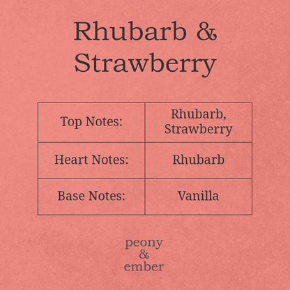 Note on rhubarb and strawberry fragrance with notes on a pink background