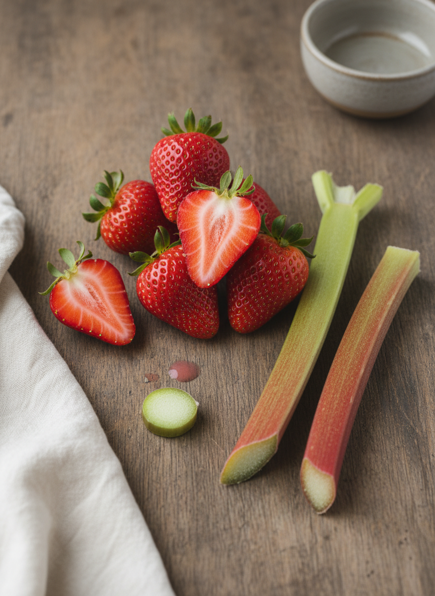 Strawberries and rhubarb on a wooden surface with a white cloth.