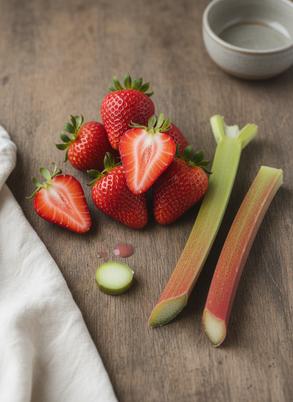 Strawberries and rhubarb on a wooden surface with a white cloth.