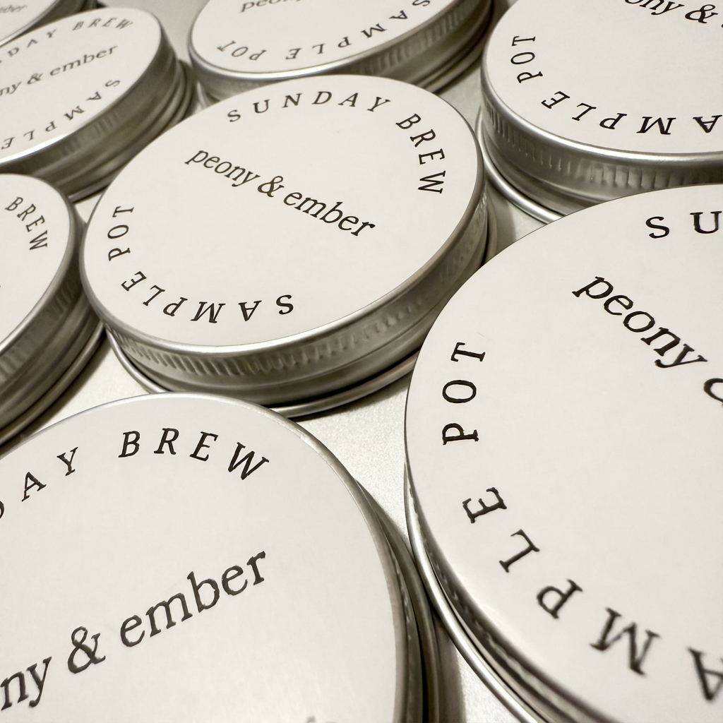 Close-up of 'Sunday Brew' sample candle tins with 'peony & ember' branding.