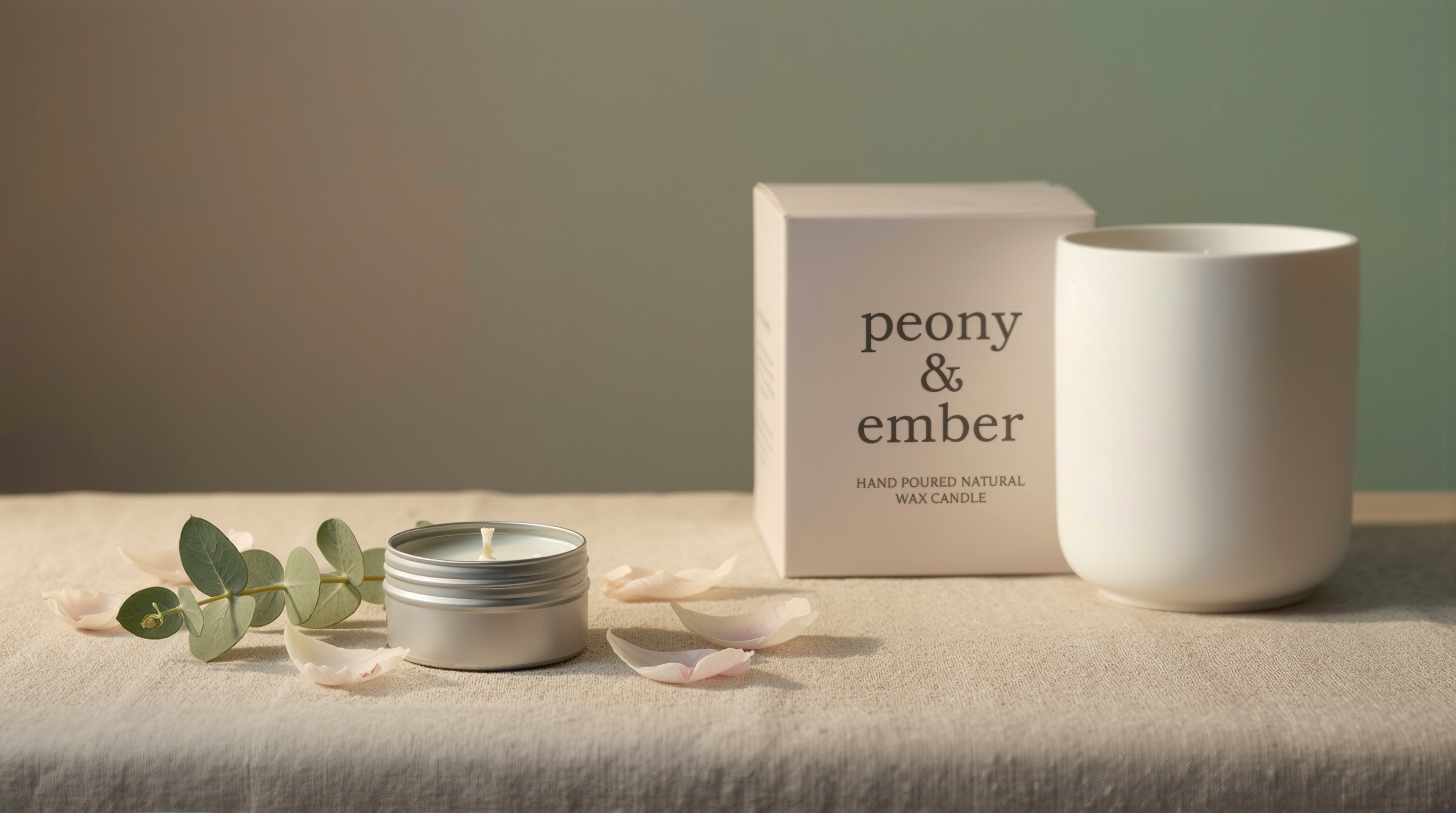 Full size candle and sample candle with 'peony & ember' branding on a neutral background