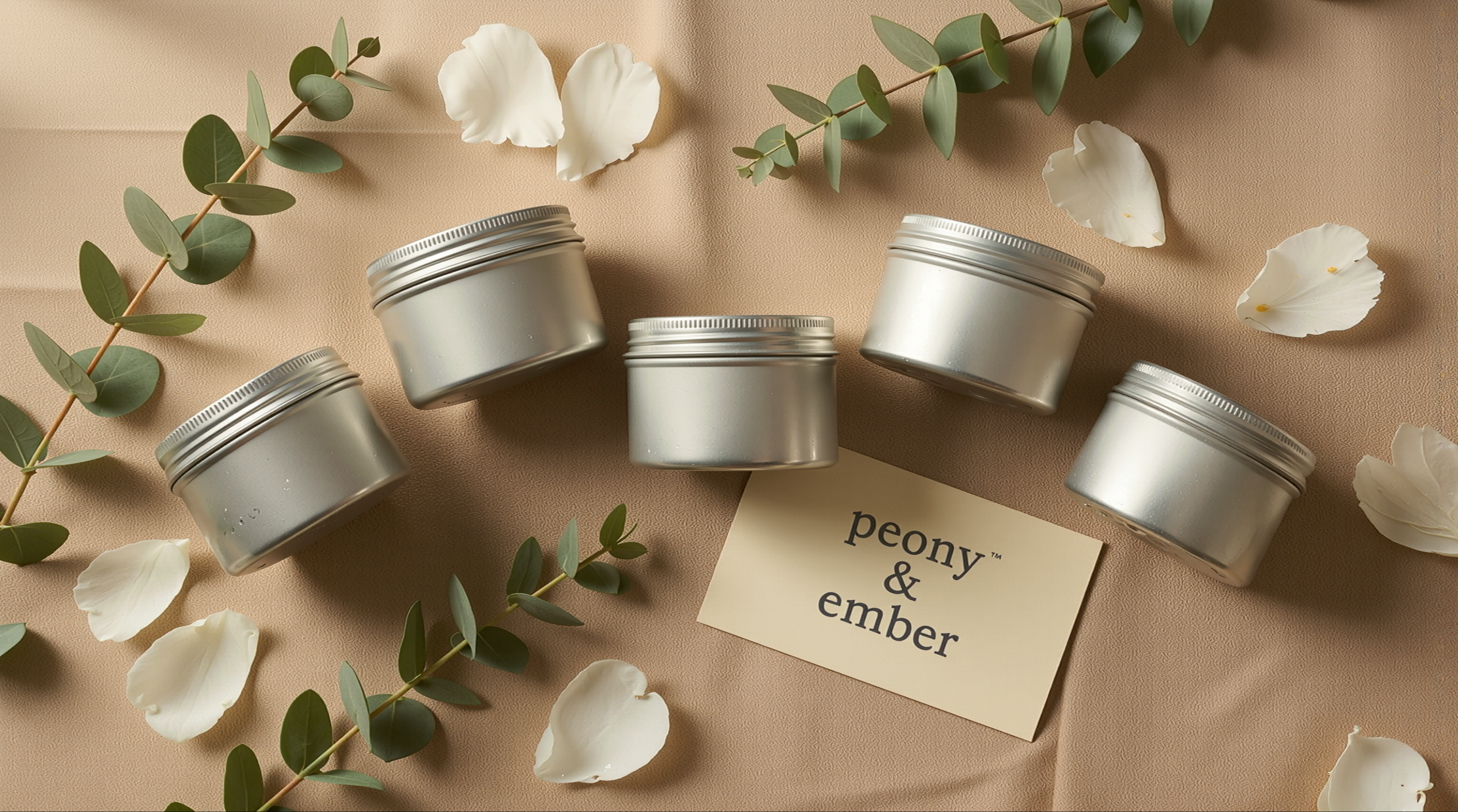 Silver sample candle tins with 'peony & ember' label on a beige background with eucalyptus leaves and white flowers.