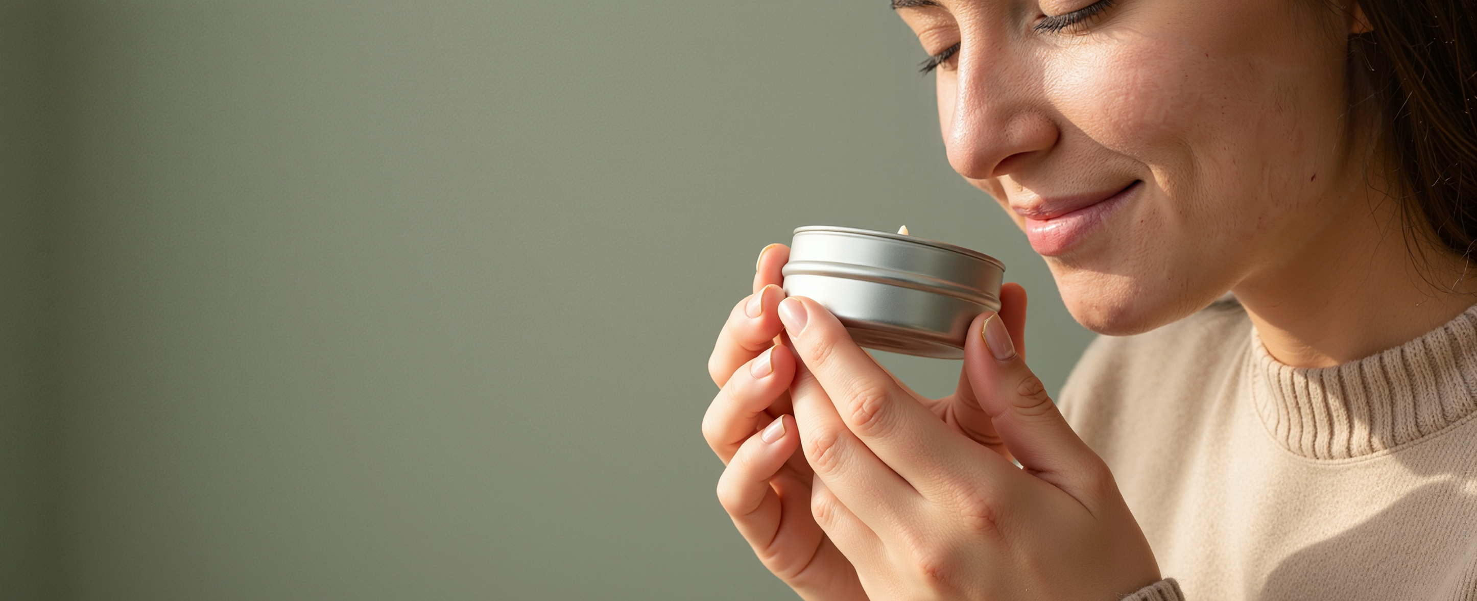 Woman holding a small silver sample candle in a metal container against a plain background