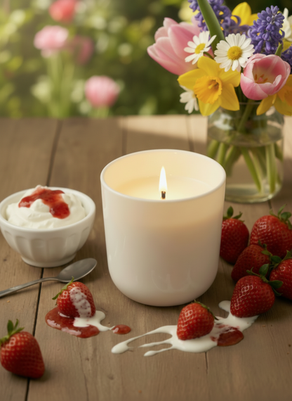 A Peony and Ember natural wax candle lit on a wooden table beside fresh strawberries, spilled cream, a bowl of cream with strawberry sauce, and a vase of colourful spring flowers in soft outdoor light.