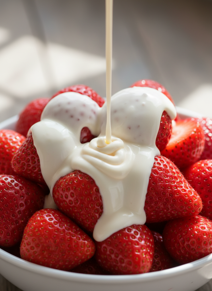A close‑up bowl of fresh strawberries with thick cream being poured over the top, capturing rich texture and vibrant red fruit in soft natural lighting.