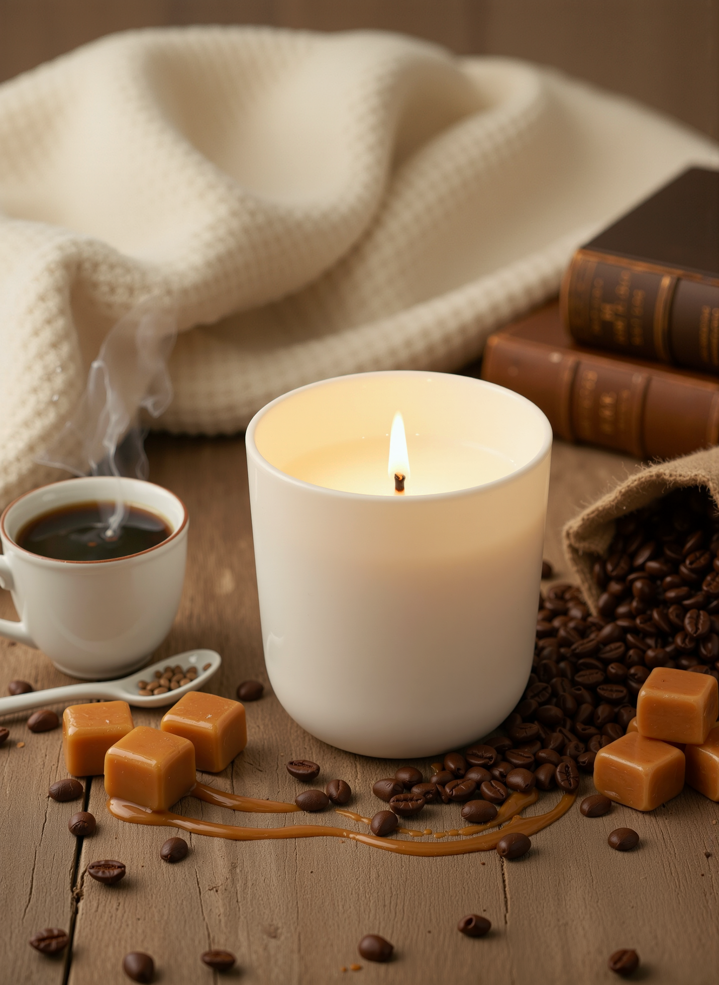 Sunday Brew fragranced candle in ceramic white vessel with supporting placement of coffee beans, espresso, caramel chunks to suggest the fragrance of the candle and ambiance it provides