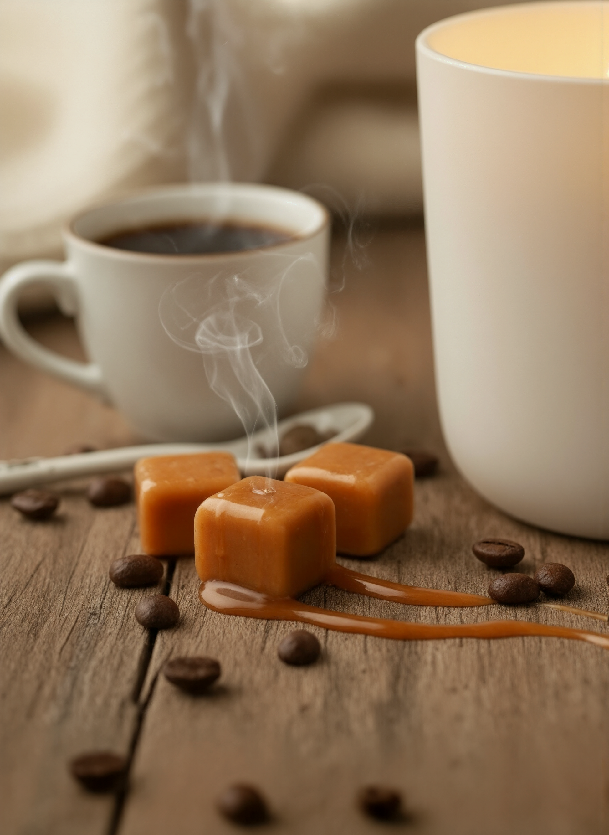 Close up image of caramel chunks and coffee beans to intense provocation of fragrance from Sunday Brew Candle
