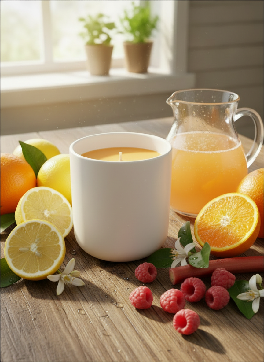 A Peony and Ember natural wax candle in a matte white ceramic vessel on a wooden table surrounded by sliced lemons, oranges, fresh raspberries and a glass jug of citrus juice in bright natural sunlight.