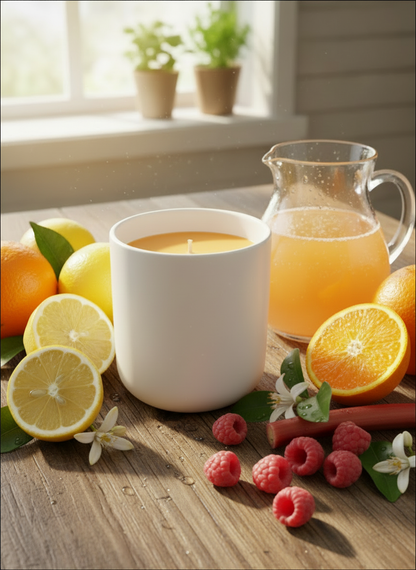A Peony and Ember natural wax candle in a matte white ceramic vessel on a wooden table surrounded by sliced lemons, oranges, fresh raspberries and a glass jug of citrus juice in bright natural sunlight.