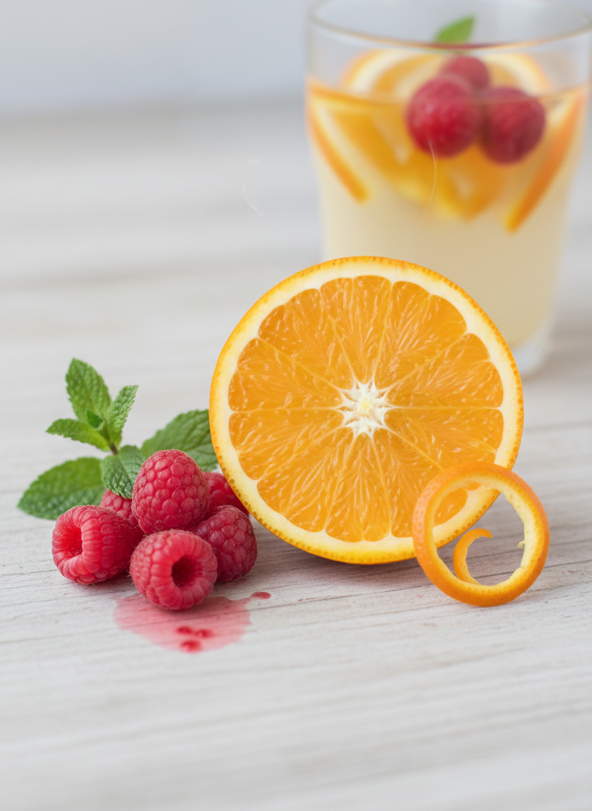 Half an orange, raspberries, and a glass of lemonade with oranges and raspberries on a light surface.