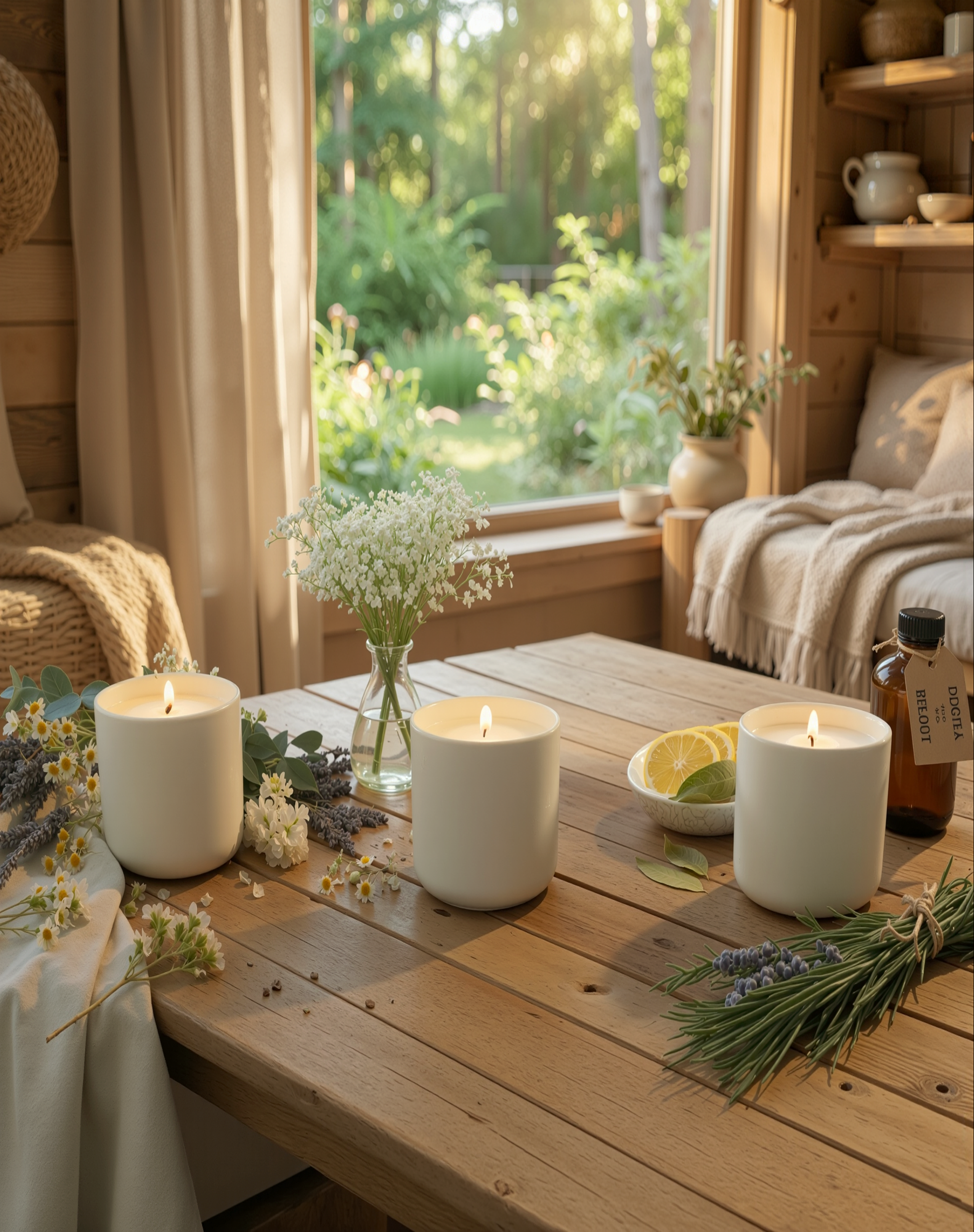 Three Candles on a wooden set, showcasing all candles from The Calm Edit bundle. These are: Pillow Talk, Morning Light and Fresh Out. 