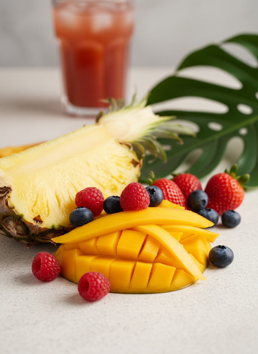 Fruit platter with pineapple, mango, strawberries, and blueberries on a light surface.
