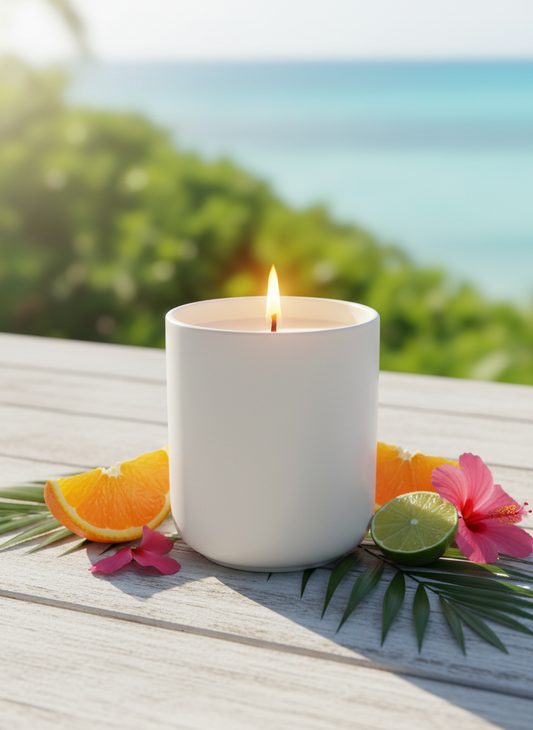 A Peony and Ember natural wax candle lit on a light wooden surface, surrounded by sliced orange, lime, tropical pink flowers and green palm leaves with a blurred ocean backdrop.