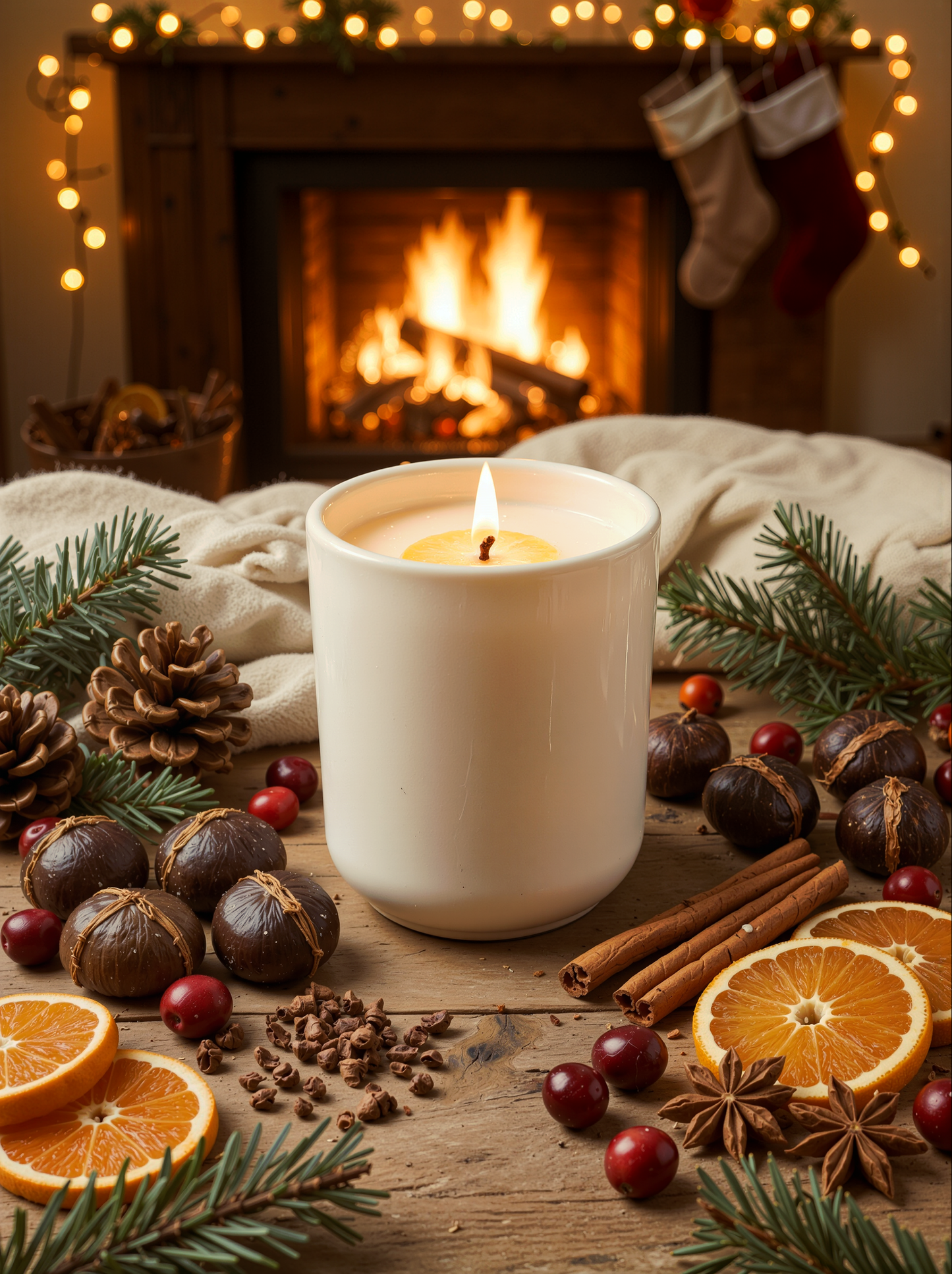 Christmas scented candle in a white ceramic vessel, surrounded by chestnuts, oranges, cinnamon sticks, cranberries and pine cones with a fireplace in the background. Suggesting of a perfect cosy Christmas Eve and the fragrance of Christmas filling the room