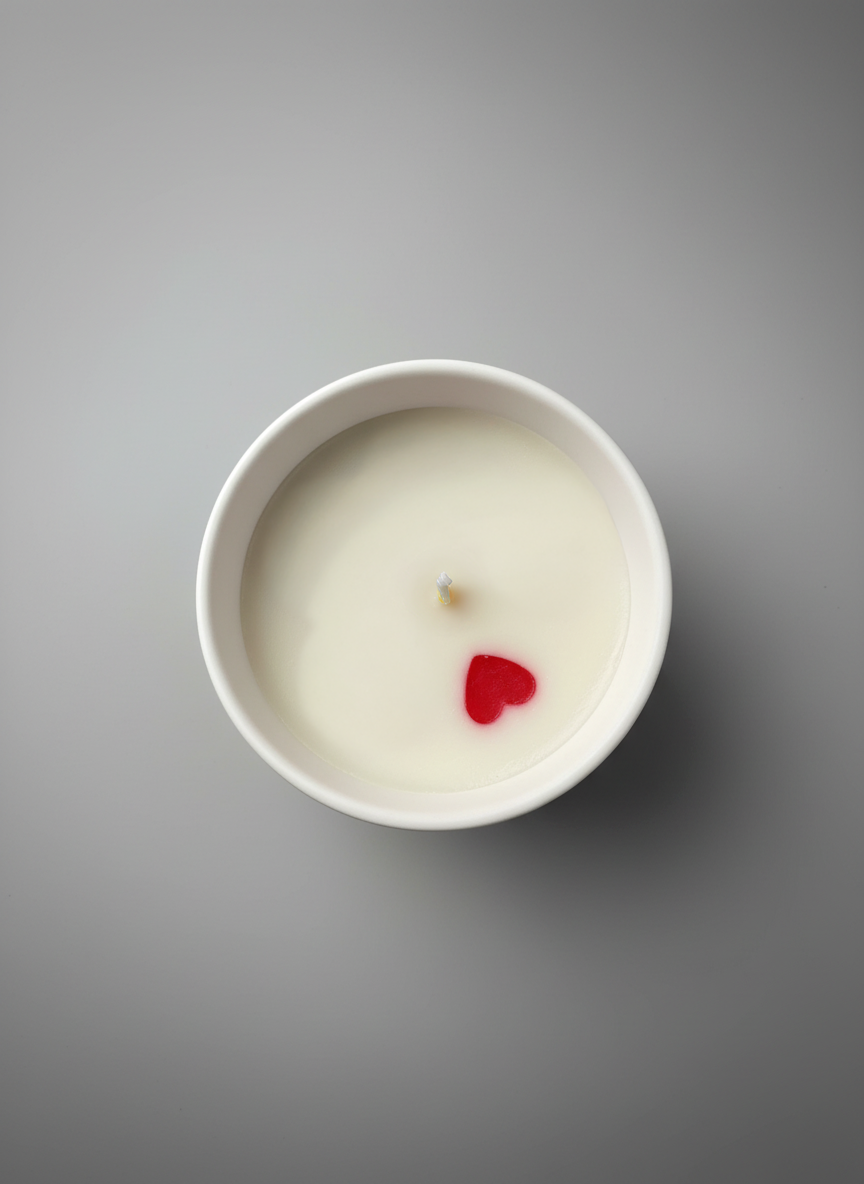 Peony & Ember Valentine’s Day candle featuring a clean white soy wax finish, and a red heart wax detail, designed as a luxury romantic home fragrance gift.