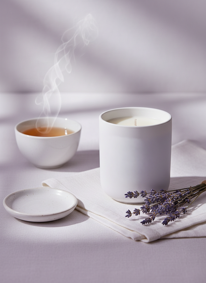 A Peony and Ember natural wax candle in a matte white ceramic vessel placed on a soft white cloth beside a bundle of dried lavender, with a steaming cup of tea and a small ceramic dish in a calm, softly lit setting.