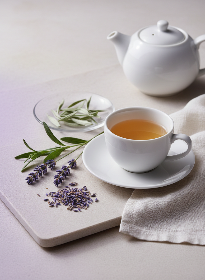 Tea cup with saucer, teapot, lavender flowers, and tea leaves on a light surface.